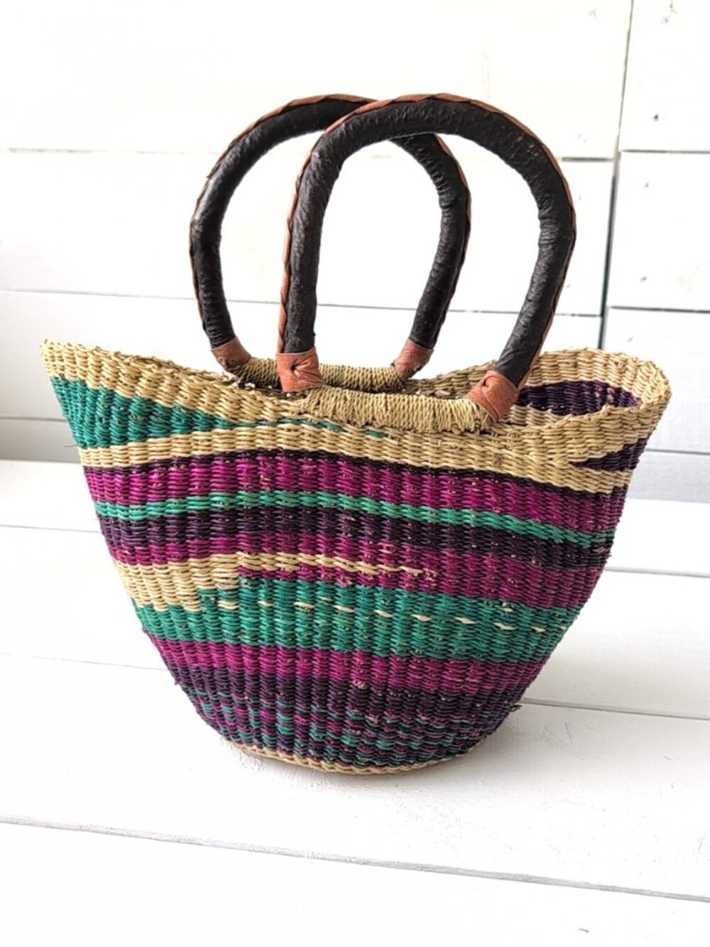 Handmade African Bolga Woven Multicolor Mini Market Basket/Handbag